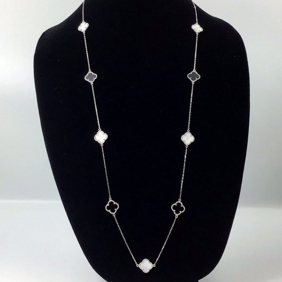 Sterling Silver Clover Necklace MOP Onyx 36